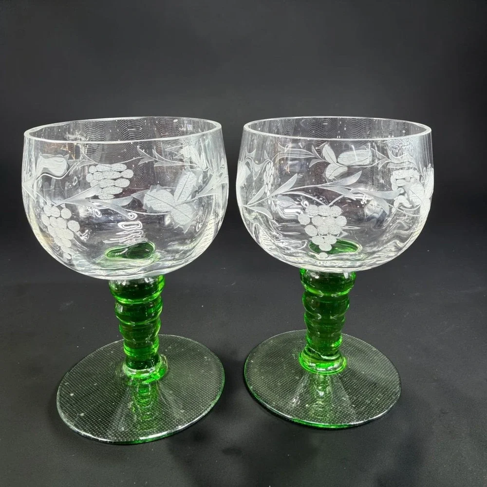 Vintage Roemer Etched Grape Wine Glasses Green Beehive Stem Set of 2 Cups VTG